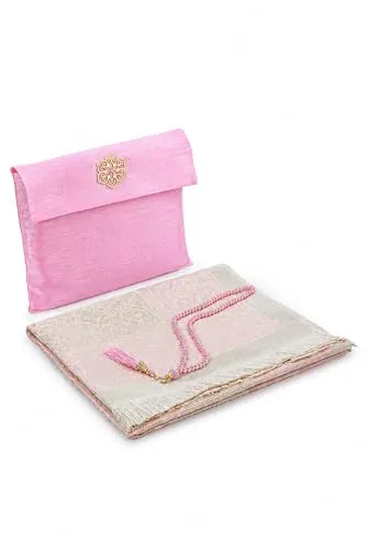 ihvan online Muslimischer Gebetsteppich und Perlen mit eleganter Slub-Stofftasche Janamaz Sajadah Weicher islamischer Gebetsteppich Islamische Geschenke Gebetsteppichmatte, Taftstoff, Rosa