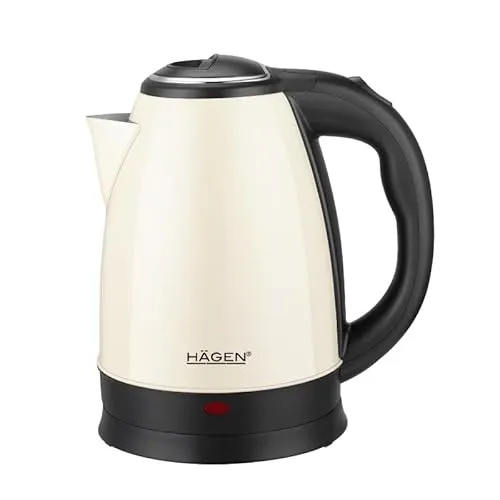 Hagen, Kompakter elektrischer Wasserkocher aus Edelstahl, Elegantes Design, 360° Basis, Kapazität 1,8L, Leistung 1500W, 360 ° Basis, Herausnehmbarer und waschbarer Filter Crème