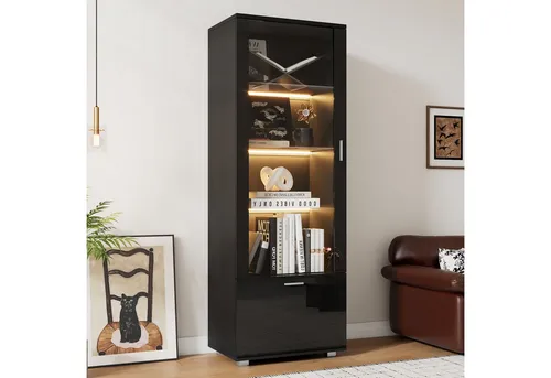 Merax Standvitrine hochglanz Vitrine mit LED-Beleuchtung (1-St., Schrank Hochschrank) Glasvitrine mit Acryl-Glastüren,3 Glasböden & Stauraumfach,40x50x160cm