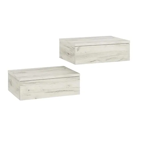 KOMTO Wandregal mit Schublade Weiß Eiche - 2er Set Hängend - Schwebendes Nachttisch-Regal mit Schublade in modernem Design. Ideal zur Raumorganisation im Schlafzimmer oder Flur. Einfache Montage mit Videoanleitungen und inkludierten Werkzeugen.