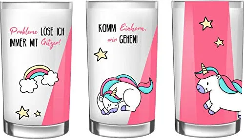 EinhornLiebe Einhorn Trink-gläser Milch-glas 3-er Set nicht spülmaschinenfest Durchmesser 7,4 cm, Höhe 11,5 cm