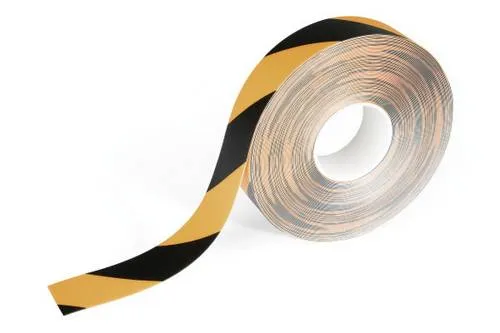 Durable Bodenmarkierungsband Duraline, gelb/schwarz, selbstklebend - Zweifarbiges, selbstklebendes und wiederablösbares Bodenmarkierungsband für sichere Abstandskennzeichnungen in Supermärkten, Fitnessstudios und mehr. Maße: 50 mm x 0,5 mm x 15 m.