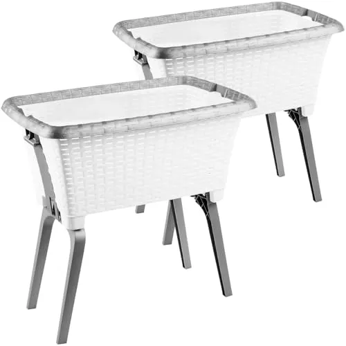 SUSTANIA 2er Set Wäschekorb mit Beinen 60x40x26cm - Plastik Wäschewanne mit Stand-Automatik in Korboptik, ergonomisch erhöht, weiß, Made in EU