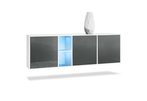 Vladon Sideboard Cuba mit LED-Beleuchtung - Stylisches Sideboard in Weiß matt/Grau Hochglanz, 182 x 53 x 35 cm, mit innovativer Push-to-Open-Technik und großzügigem Stauraum hinter 3 Türen sowie 2 offenen Fächern.
