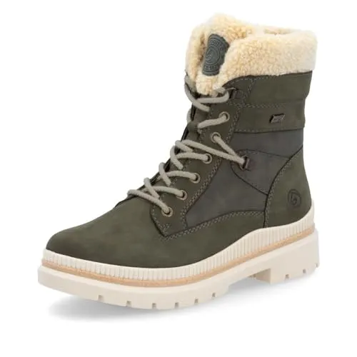 Remonte Damen Leder Stiefelette D0C77 - Grün - Wanderschuhe mit warmem Lammfellfutter und rutschfester Sohle für optimalen Halt, ideal für kalte Wintertage.