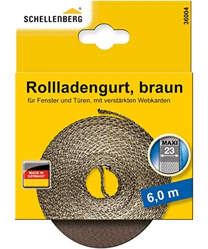 Schellenberg 36004 Rolladengurt 23 mm x 6,0 m System MAXI, Rollladengurt, Gurtband, Rolladenband, braun