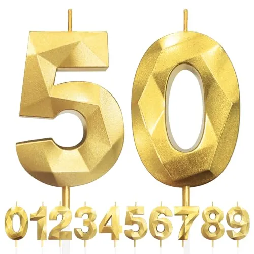 Geburtstagskerzen zum 50. Geburtstag, Gold, 3D-Kerze, Zahl 50, Geburtstagskerze für Kuchen, Geburtstagskerzen, Kuchendekorationen, Dekorationen für Geburtstag, Party, Hochzeit, Jubiläum