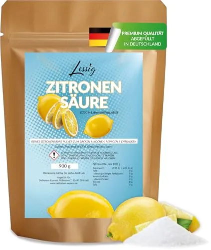 Lessig Zitronensäure Pulver 900g (Lebensmittelqualität E330) – Reine Citronensäure als Universal Entkalker & Reiniger – Ideal zum Kochen, Backen, Putzen & für den Haushalt