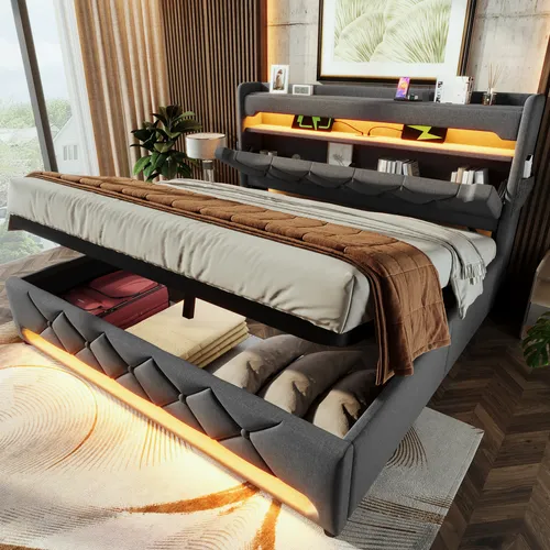 STILVORA Jugendbett 160x200 Polsterbett mit Matratze,Bettgestell mit Stauraum Kopfteil/Bettkasten,Stauraumbett mit USB und Typ C-Port & LED-Beleuchtung,Grau