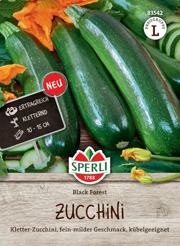 Sperli Zucchinisamen Black Forest, F1 83542 - Dunkelgrüne, zylindrische Früchte mit fein-mildem Geschmack, Kletterzucchini für hohe Erträge, kübelgeeignet