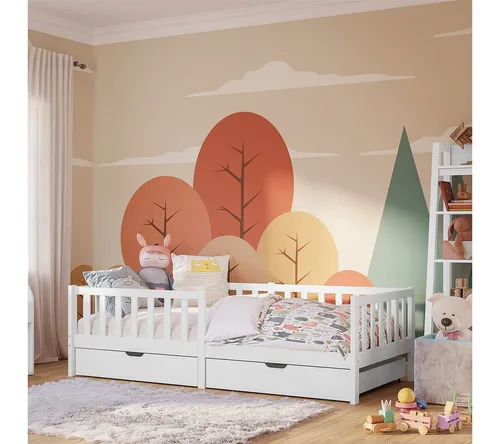 Bellabino Spielbett Vere mit Rausfallschutz und Schubladen - Massivholz Kinderbett in Weiß, ideal für kleine Entdecker: Mit Rausfallschutz, stabile Bauweise und zwei praktischen Schubladen für zusätzlichen Stauraum.
