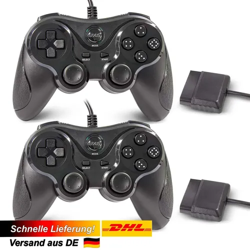 2x Controller für Playstation 2 - Kabelloses Gamepad mit Dual Vibration - Controller für PS2, ergonomisches Design mit 12 programmierbaren Tasten und 360° Analogsticks für ein optimales Spielerlebnis. Ideal für Multiplayer-Spaß!