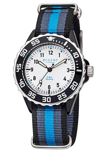 Regent Klassische Uhr 12400276 - Armbanduhren für Herren mit 5 bar Wasserdichtigkeit, ideal für den täglichen Gebrauch. Stylisches schwarz-blaues Textilarmband und leuchtende Zeiger für perfekte Lesbarkeit.