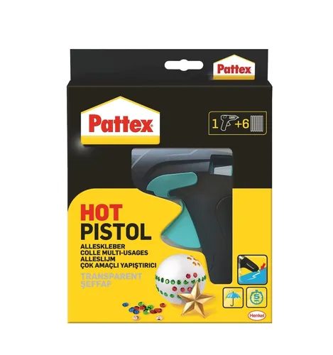 Pattex Hot Pistol Starter Set - Heißklebepistole mit 6 Hotmelt Heißklebesticks - Heißklebepistole für vielseitige Anwendungen, inklusive 6 Hochleistungsklebesticks für starke und dauerhafte Verbindungen.