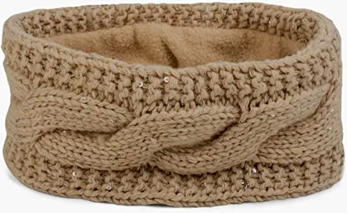 styleBREAKER Damen Stirnband Grobstrick mit Zopfmuster und Pailletten, warmes Fleece Innenfutter, Haarband, Headband 04026002, Farbe:Beige
