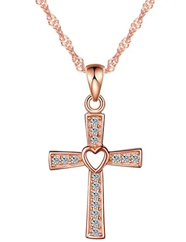 Yumilok Roségold 925 Sterling Silber Zirkonia Herz im Kreuz Anhänger Halskette Kettenanhänger für Damen Mädchen