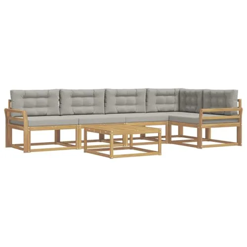 vidaXL Outdoor-Sofagarnitur 6-teilig in Weiß und Hellgrau - Moderne Outdoor-Sofagarnitur aus robustem Akazienholz. Ideal für Gartenpartys oder entspannte Nachmittage. Modular und flexibel anpassbar für jeden Anlass. Pflegeleicht und komfortabel mit ergonomischen Rückenlehnen.