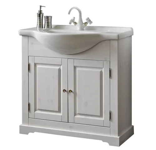 Lomadox Landhaus Waschtischunterschrank 85 cm - Waschplätze im Landhaus Design aus hochwertigem Kiefer Massivholz, inklusive langlebigem Keramik Waschbecken - ideal für stilvolle Badezimmer.