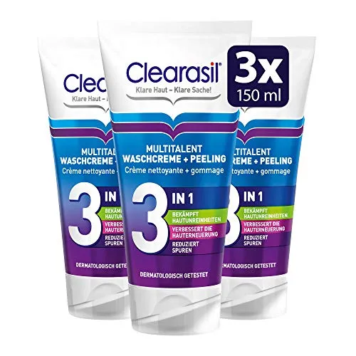 Clearasil Multitalent Waschcreme und Peeling, 3er Pack (3 x 150 ml) - Vielseitige Gesichtsreinigung mit Peeling-Effekt. Fördert die Hauterneuerung und sorgt für ein frisches Hautbild. Dermatologisch getestet. Ideal für die tägliche Anwendung.
