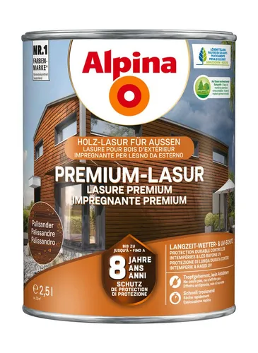 Alpina Lasur Premium-Lasur 2,5 Liter seidenmatt - Holzlasuren mit bis zu 8 Jahren Wetterschutz, ideal für raue Witterungsbedingungen und extrem wasserabweisend. Perfekt für langlebige Holzschutzprojekte.