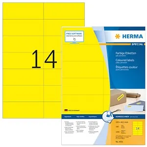 HERMA Etiketten 4555 gelb 105,0 x 42,3 mm - 1.400 Stück - Etiketten für vielseitige Anwendungen: Ideal zum Adressieren, Kennzeichnen und Überkleben. Selbstklebend, matt und FSC®-zertifiziert für umweltbewusste Nutzung.