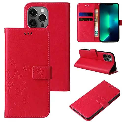 LBH Handy Hülle für Apple iPhone 13 Pro Case Handytasche Schmetterling Blumen Flower Standfunktion Schutzhülle Magnet Rundum Schutz 360 Grad Flipcase Cover Rot