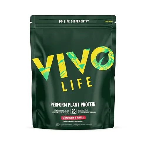Vivo Life Perform Veganes Proteinpulver - Erdbeere & Vanille - Mehrkomponenten Proteine, 25 g pflanzliches Protein pro Portion, glutenfrei und reich an BCAAs für optimale Unterstützung des Immunsystems.