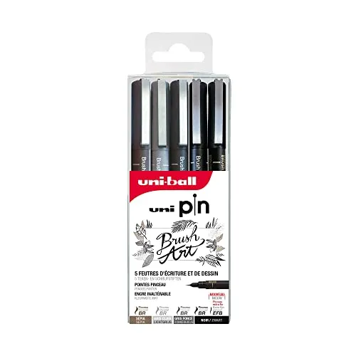 Uni-Ball Uni Pin Uni Mitsubishi Pencil – 5 Filzstifte speziell für Brush Art – Pinselspitzen (2 Schwarz, 1 Hellgrau, 1 Dunkelgrau, 1 Sepia) – zum Schreiben, Zeichnen, Tracern