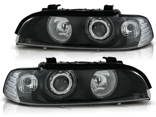 Scheinwerfer Angel Eyes für BMW 5er E39 Bj. 95-00 Schwarz - Frontscheinwerfer mit Klarglas-Design und Xenon-Optik für BMW 5er E39. Beeindruckende Lichtsignatur durch Angel Eyes und einfache Plug and Play Installation.