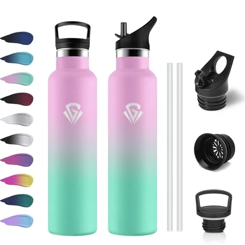 Trinkflasche Edelstahl 1L, Thermoskanne mit Strohhalm, Kohlensäure Geeignet, BPA-Frei, Einhandöffnung, Vakuum Isolierte Thermosflasche, Isolierflasche Auslaufsichere für Sport, Laufen, Fahrrad, Yoga