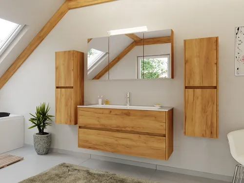 Magnolia Home Waschtisch Badmöbel Set Taifun 4tlg. 120 cm mit Spiegelschrank & 2x Seitenschrank