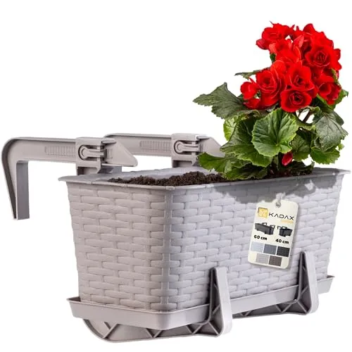 KADAX Blumenkasten 40 cm Karamell mit Halterungen & Untersetzer, Rattan-Optik – Pflanzkasten für Balkon, robuster Balkonkasten