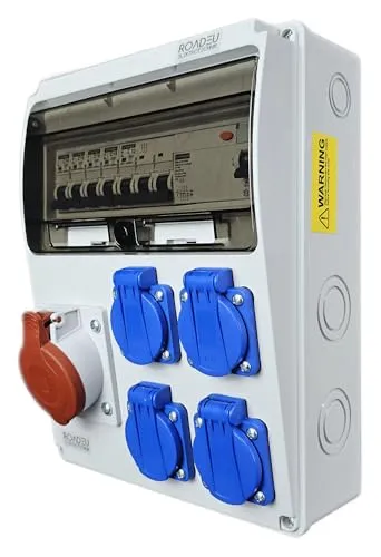 RoadEu Baustromverteiler 32A mit FI und Schuko - Verteilerkästen für Baustellen und Werkstätten, sicher und wasserdicht (IP44). Komplett verkabelt mit FI-Schalter und Leitungsschutz, ideal für Industrie und Handwerk.