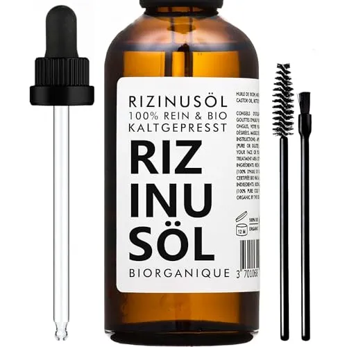 Rizinusöl BIO 100 ml - 100% rein und kaltgepresst - Körperöle - Pflege für Nägel, Wimpern und Haut. Enthält eine kostenlose Pipette für einfache Anwendung und fördert das Haarwachstum sowie die Hautfeuchtigkeit.