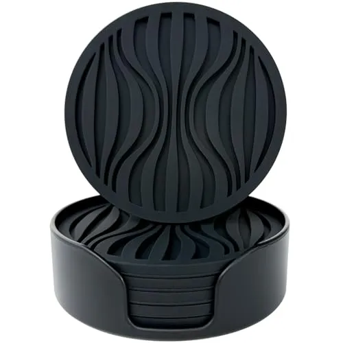 Silikon Untersetzer 6er Set Dickes Design(0.5cm) Runde Topfuntersetzer Hitzebeständig, Getränkeuntersetzer Kaffee Pads Bier Bar Matte mit Mustern rutschfest (Schwarz)