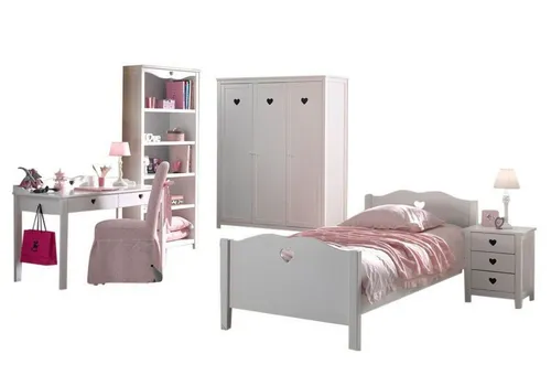 aufm Kessel Jugendzimmer-Set Kamila 12 - Kinderzimmer Möbel Set für Mädchen - Vielseitiges Kinderzimmer Set aus hochwertigem MDF in Weiß, mit herzförmigen Designelementen. Inklusive Einzelbett, Nachtkonsole, Schreibtisch, 3-türigem Kleiderschrank und Regal für optimalen Stauraum.