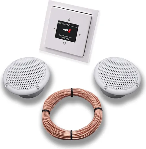 Busch Jäger DAB+ Unterputz Unterputzradio DAB Plus 8215 U – 101 Future Linear Studioweiß - Komplettset + 2 x Deckenlautsprecher Feuchtraum Badezimmer + 20 m Lautsprecherkabel 2x0,75 mm² 8215U-101