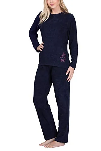 Moonline Frottee-Schlafanzug für Damen - Navy, Größe 36-38 - Schlafanzüge für Damen, hoher Tragekomfort durch weichen Materialmix und modernes Design, ideal als Homewear oder Pyjama.