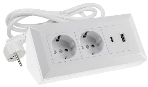ChiliTec Steckdosenblock Ecksteckdose 2-Fach Schutzkontaktsteckdose USB-A USB-C PD mit 1,5m Kabel Weiß