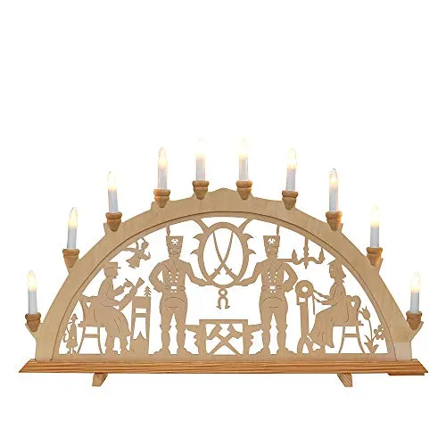 Dekohelden24 Wunderschöner Schwibbogen, 10 flammig - Bergleute - Kerzenhalter mit 10-flammigem Bergleute-Motiv, ca. 71 x 4 x 40 cm, ideal für weihnachtliche Dekoration. Lieferung inkl. Anschlusskabel und Ersatzglühbirne für stimmungsvolle Gemütlichkeit!