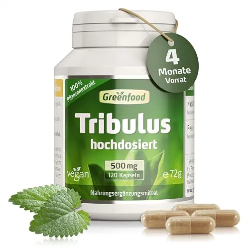 Tribulus Terrestris, hochdosiert, 500mg - 120 Kapseln, vegan. Hoch dosierter Extrakt (10:1) - mit 80% Saponine. OHNE künstliche Zusätze - laborgeprüft. Von Greenfood.