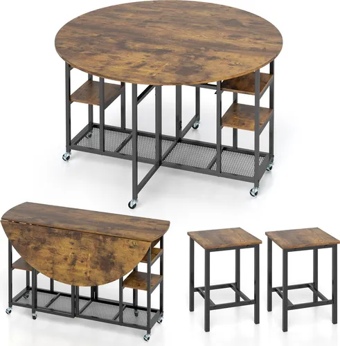 COSTWAY 3-tlg. Essgruppe mit klappbarem Esstisch und 2 Hockern