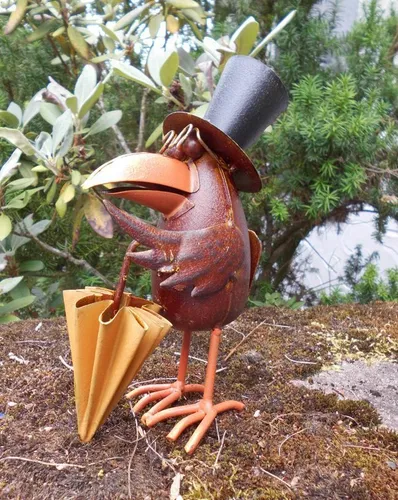 Gartenfigur Standfigur Gartendeko lustiger Rabe m. Schirm geschlossen 21 cm