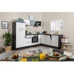 Respekta Premium Küche Amanda - Winkelküche Eiche Weiß 260 x 200 cm - Einbauküche in modernem Design mit Hochglanz-Fronten, 3 Schubladen und 4 Türen. Platzsparende L-Form ideal für kleine Räume. Inklusive Backofen und Geschirrspüler für maximalen Komfort.