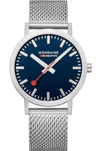 Mondaine Classic Armbanduhr Silber/Blau - Herrenuhren, 40-mm-Edelstahlgehäuse mit Tiefseeblauem Zifferblatt und praktischem Schnellwechselsystem für individuellen Stil.