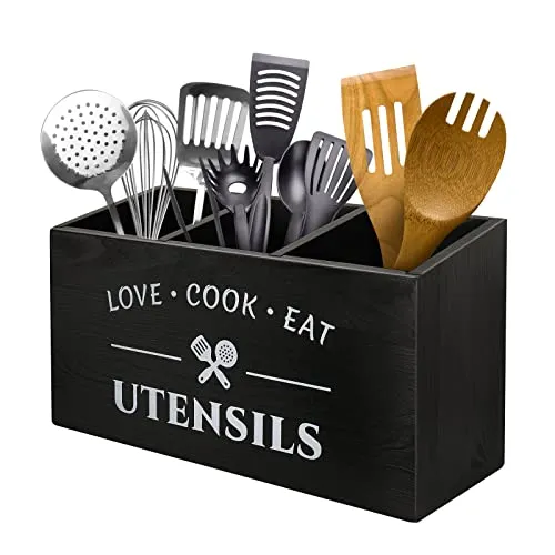 MINCORD Küchenutensilienhalter mit 3 Fächern, rustikale Holzutensilien, Aufbewahrungsbox, Vintage-Besteckhalter, Bauernhaus, Besteck, Utensilien, Caddy, Arbeitsplatte für Besteck, Löffel, Spatel