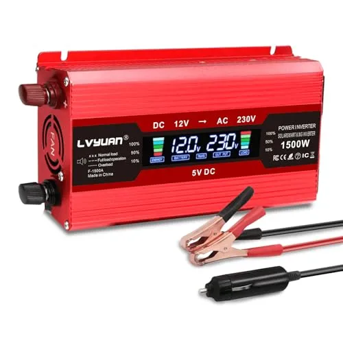LVYUAN Wechselrichter 12V 230V 1500W Spannungswandler Stromumwandler Inverter mit 2 USB LCD EU Steckdosen für Geschaeftsfahrten und Urlaub