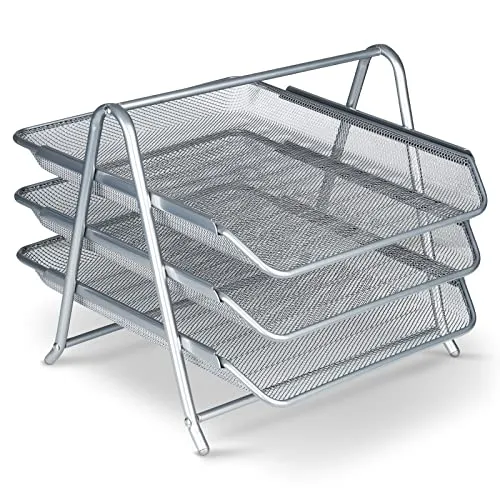 BONUS Dokumentenablage Metall Desk Organizer - Stabile Design Büro Schreibtisch Ablage mit 3 Ablagefächer für Briefablage - Schnelle Ordnung mit 3 Schubladen I Papier Ablagefächer A4 (Silber)