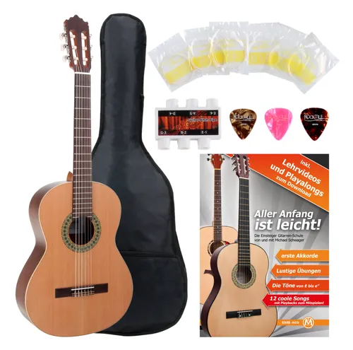 Antonio Calida GC201S 7/8 Konzertgitarre Starter-Set - Gitarren Set mit 7/8 Konzertgitarre aus massiver kanadischer Zeder, inkl. umfangreichem Zubehörset für Einsteiger.