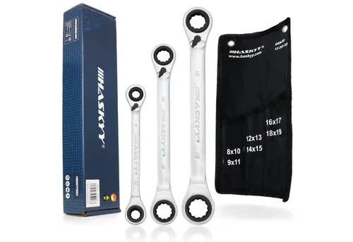 HASKYY Ratschenringschlüssel Set 4 in 1 SW 8-19 mm - Werkzeug-Set mit 3 Doppel-Ratschenringschlüsseln, umschaltbar für Links-/Rechtsbetrieb. Ideal für Werkstatt und Zuhause, gefertigt aus robustem Chrom Vanadium Stahl.